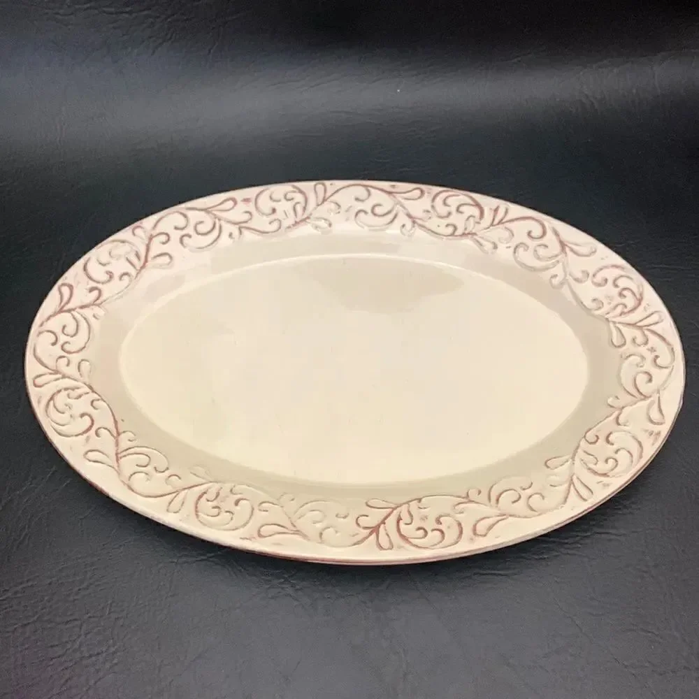 Large Oval 10X15 Inches Serving Platter Ivory Maroon Etching Christmas Valentine